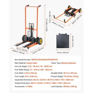 Хидравлична палетна количка VEVOR scddc1000/ 205 кг