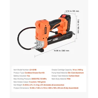 Акумулаторен пистолет за грес VEVOR LD-821B/ 20V/ 2000mAh Акумулаторен пистолет за грес VEVOR LD-821B/ 20V/ 2000mAh