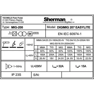 Инверторен телоподаващ апарат SHERMAN DIGIMIG 207 EASYLITE/ 200A