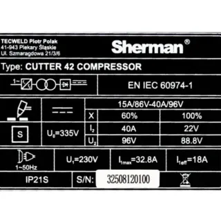 Инверторна плазма с вграден компресор SHERMAN CUTTER 42 COMPRESSOR/ 230 V/ 40 A Инверторна плазма с вграден компресор SHERMAN CUTTER 42 COMPRESSOR/ 230 V/ 40 A