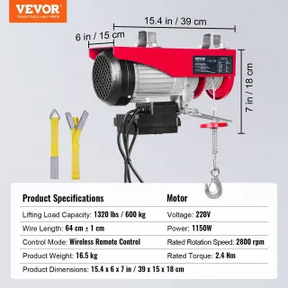 Електрически телфер VEVOR DD1320LBS21FTUX97V2/ 600 кг/ 1150 W