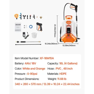 Акумулаторна гръбна пръскачка VEVOR XF-16M15A-US/ 18V/ 4Ah