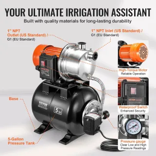 Самозасмукваща помпа за плитки кладенци с разширителен съд VEVOR FSGP1000Cinox-2/ 745W Самозасмукваща помпа за плитки кладенци с разширителен съд VEVOR FSGP1000Cinox-2/ 745W