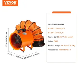 Преносим вентилатор VEVOR BT-SHT12A-U(S)10/ 367 W
