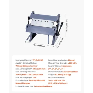Машина за огъване на ламарина VEVOR W1.0x305A/ 305 мм Машина за огъване на ламарина VEVOR W1.0x305A/ 305 мм