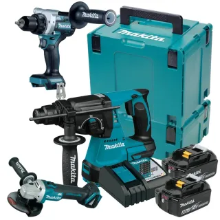 Комплект акумулаторни ъглошлайф, перфоратор и винтоверт Makita DLX3223TJ/ 18V/ 2x5Ah