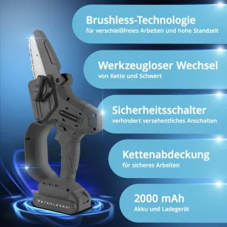 Акумулаторен мини верижен трион с аксесоари STAHLWERK MAK-20 ST/ 20V/ 2Ah Акумулаторен мини верижен трион с аксесоари STAHLWERK MAK-20 ST/ 20V/ 2Ah