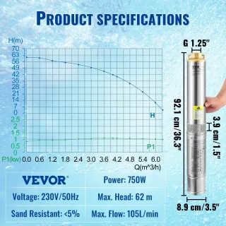 Потопяема помпа за дълбоки кладенци VEVOR 3.5SDM4/11/ 750W Потопяема помпа за дълбоки кладенци VEVOR 3.5SDM4/11/ 750W