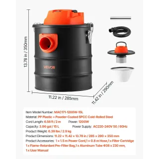 Прахосмукачка за камини Vevor MAC171-1200W-15L/ 1200W/ 15л