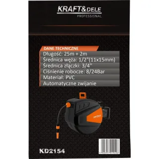 Макара с градински маркуч KraftDele KD2154/ 25 м + 2 м