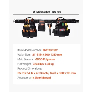 Професионален колан за инструменти с 18 джоба VEVOR DWSS2502/ 80-131 см