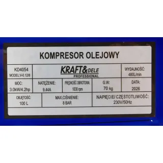 Маслен компресор KraftDele KD4054/ 3kW/ 230V/ 100л Маслен компресор KraftDele KD4054/ 3kW/ 230V/ 100л