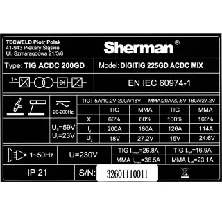 Инверторен ВИГ апарат SHERMAN TIG 225GD AC/DC MIX / 200A