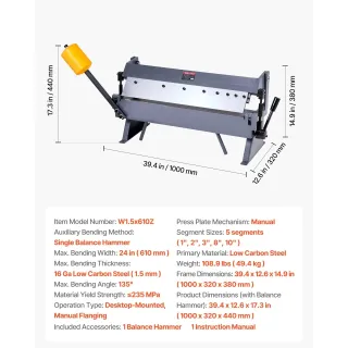 Машина за огъване на ламарина VEVOR W1.5x610Z/ 610 мм Машина за огъване на ламарина VEVOR W1.5x610Z/ 610 мм