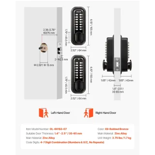 Механична брава без ключ с двойно-странична цифрова клавиатура VEVOR OL-601S3-07