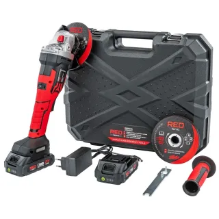 Акумулаторен ъглошлайф с аксесоари RED TECHNIC RTSZK0140/ 21V/ 2х2Ah