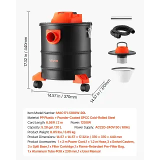 Прахосмукачка за камини Vevor MAC171-1200W-20L/ 1200W/ 20л